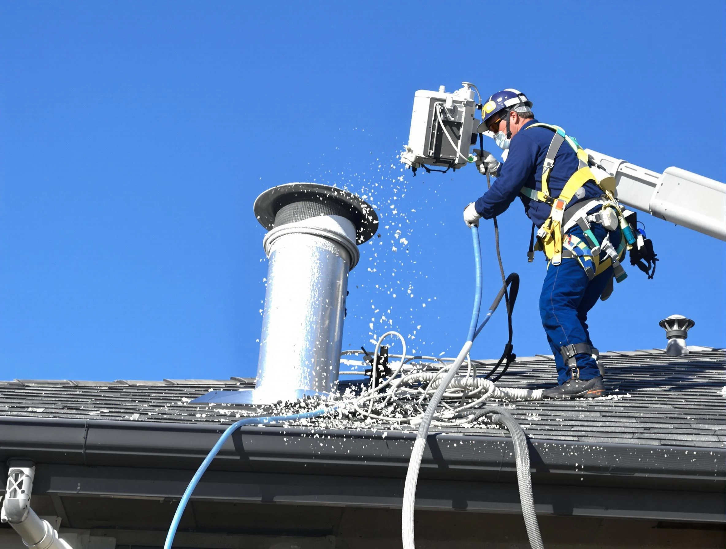 El Mirage Dryer Vent Cleaning certified technician safely cleaning a roof-mounted dryer vent in El Mirage